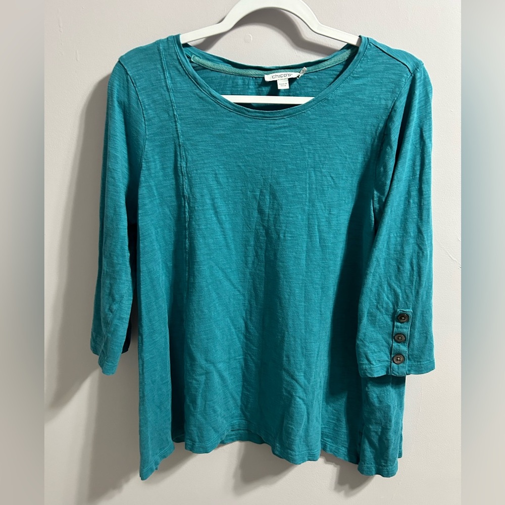 2/$25 Chico’s turquoise boat neck top, 3/4 sleeves with accent buttons